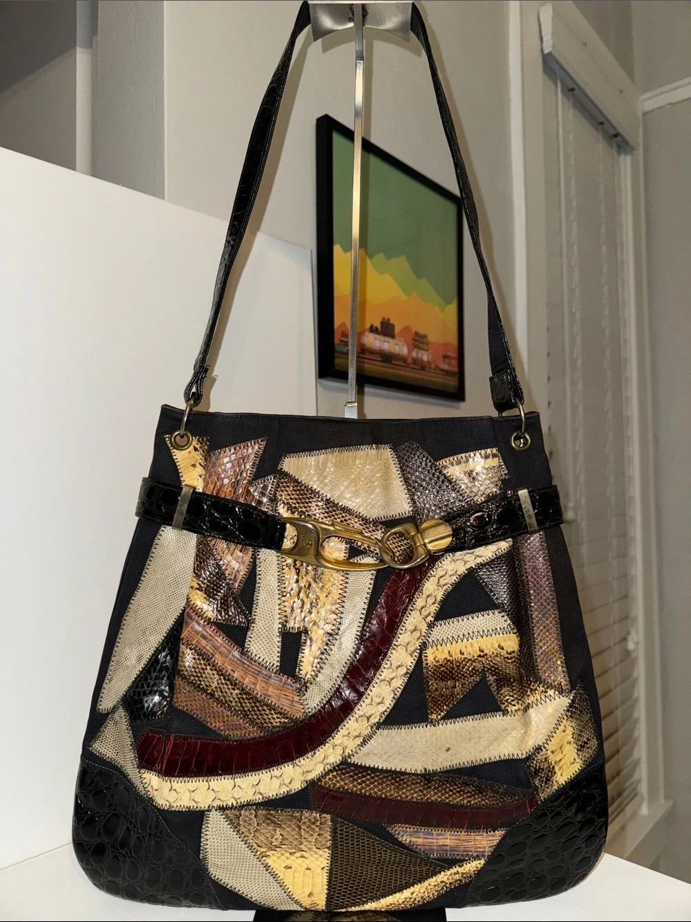 Vintage Bags By Varon Patchwork Exotic Leather Snakeskin Tote Shoulder Bag